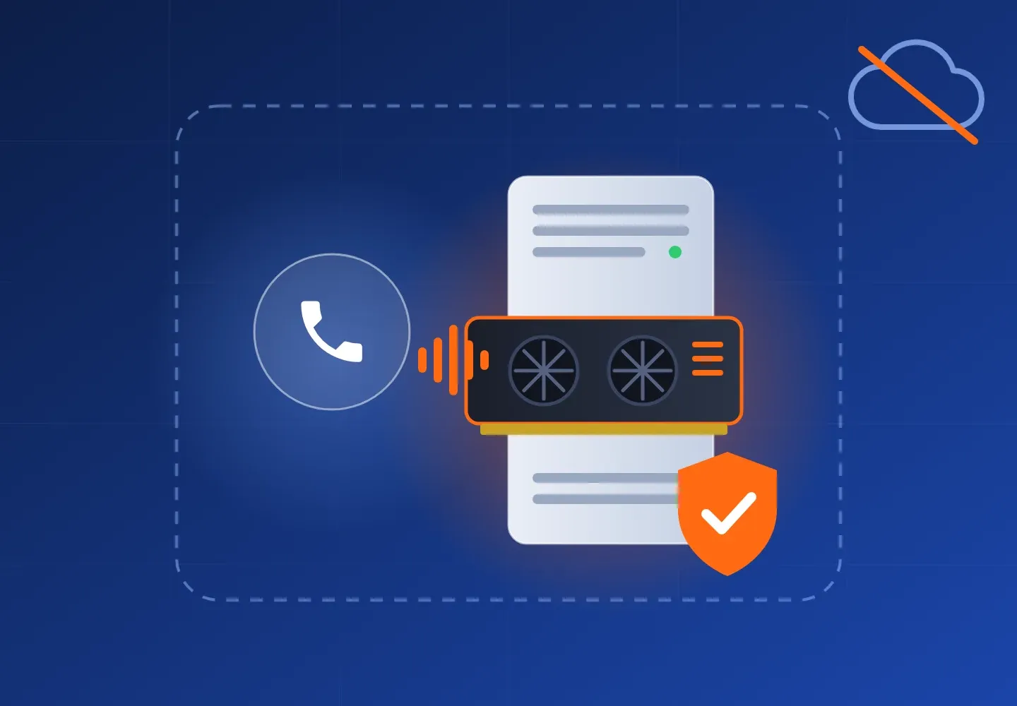 Illustration lokaler KI-Telefonie – Telefonhörer und Server mit Grafikkarte im eigenen Netz, eine durchgestrichene Cloud steht für den Verzicht auf KI-Cloud-Dienste.