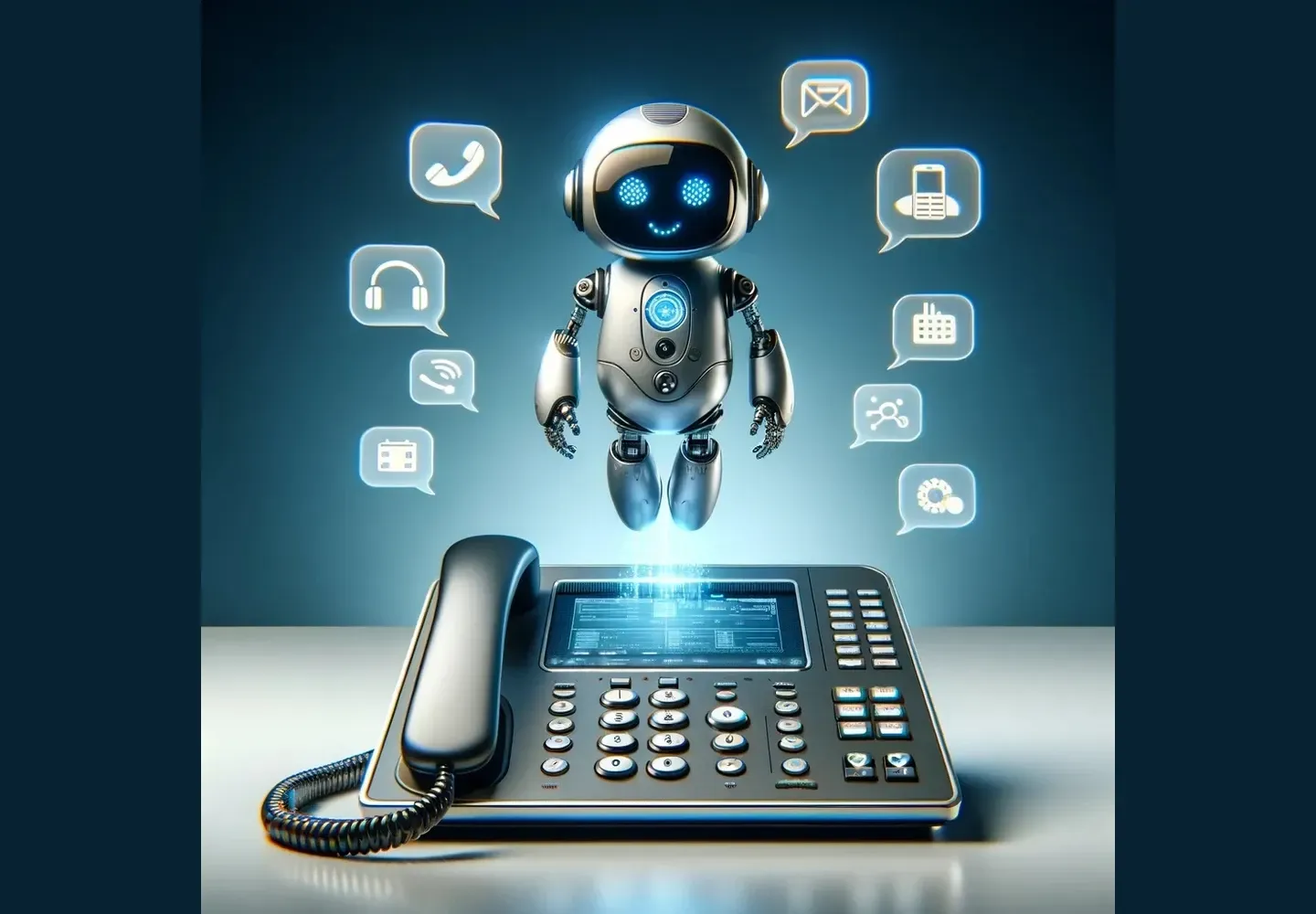 Freundlicher digitaler Assistent über einem Bürotelefon mit Symbolen für Kommunikation und Weiterleitung.